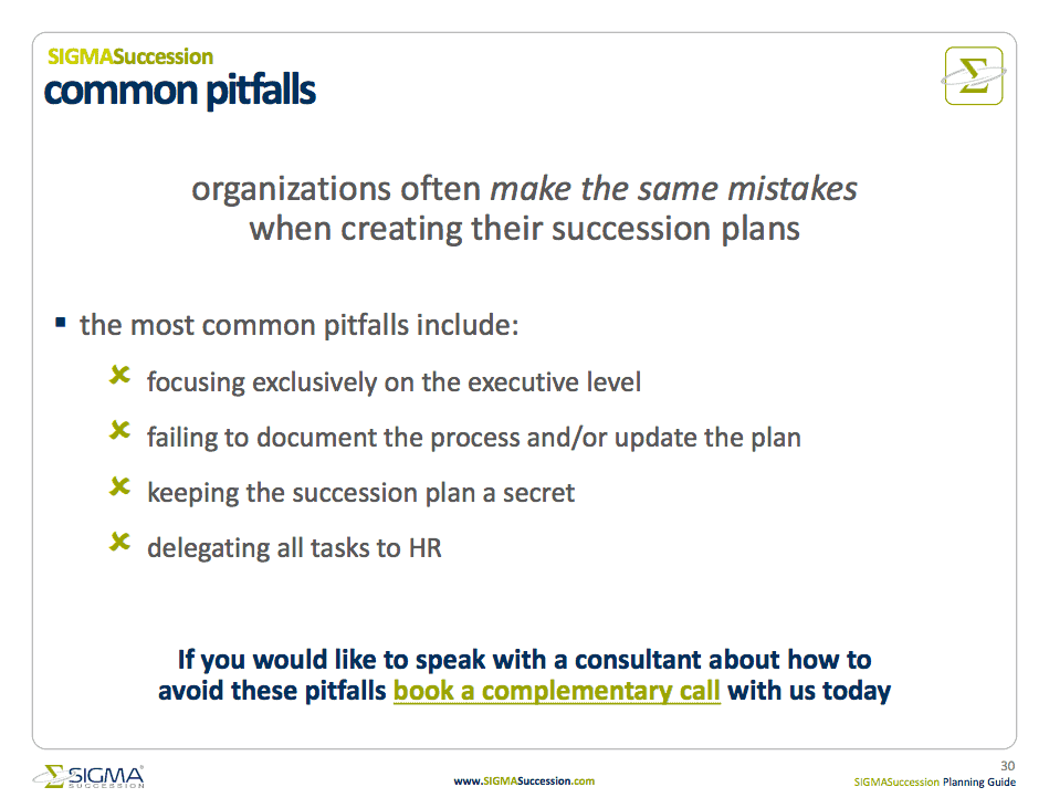 Succession Planning Guide; slide on common pitfalls during implementation