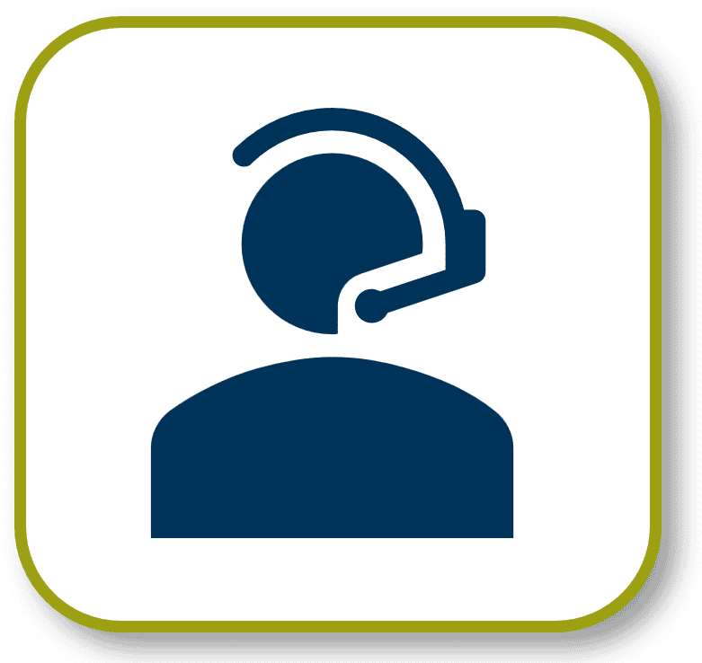 Dark blue icon of customer service representative inside light green border; icon for SIGMA's exceptional client support.