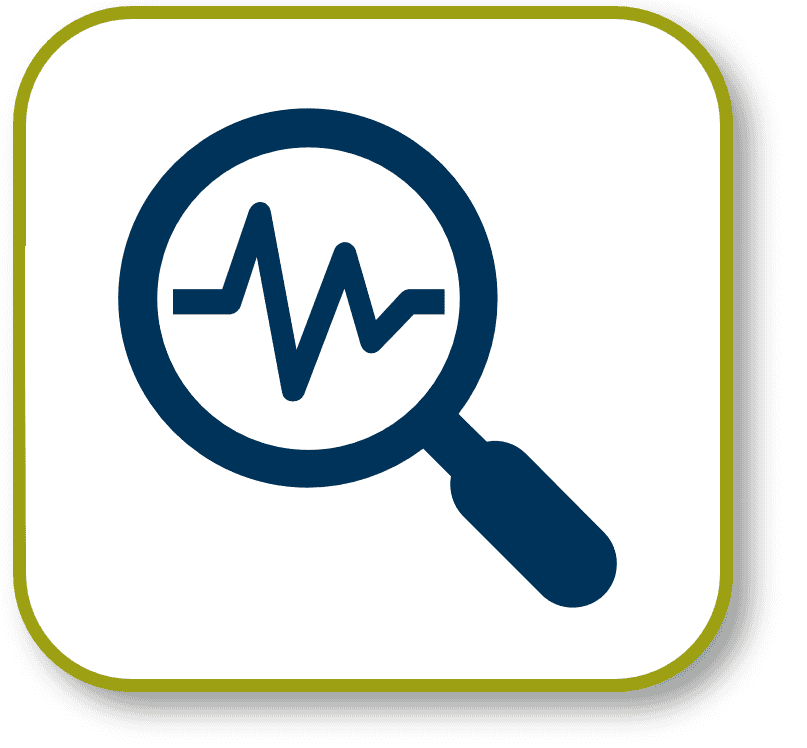 Blue icon of magnifying glass and line graph inside; icon for SIGMA's scientifically rigorous approach to developing psychological assessments.