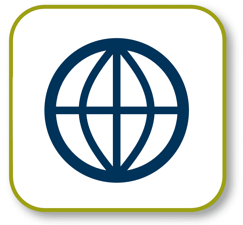 Dark blue icon of globe inside light green boarder; icon for SIGMA's global trust.